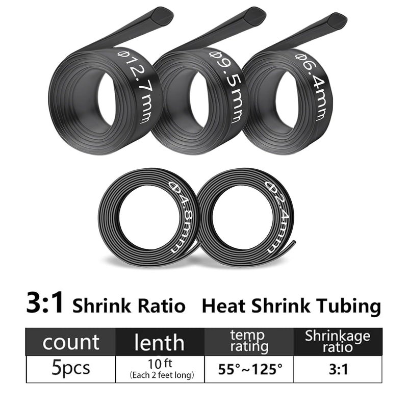 Eugiichr 5-Size Heat Shrink Tubing Kit: 3:1 Adhesive Lined, Marine Grade Waterproof, Insulated Sealed, Oil-Proof & Wear-Resistant, 10-Foot Total Length - for Home Use & Industrial Applications (Black) - Image 2